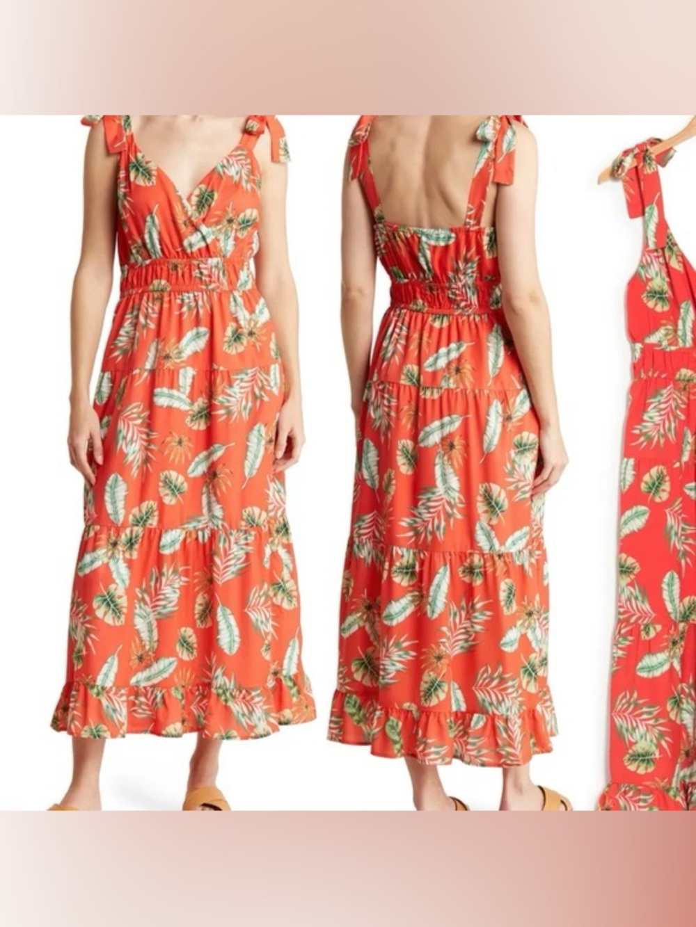 Adelyn Rae Coral Tropical Print Tie-Shoulder Maxi Dress EUC